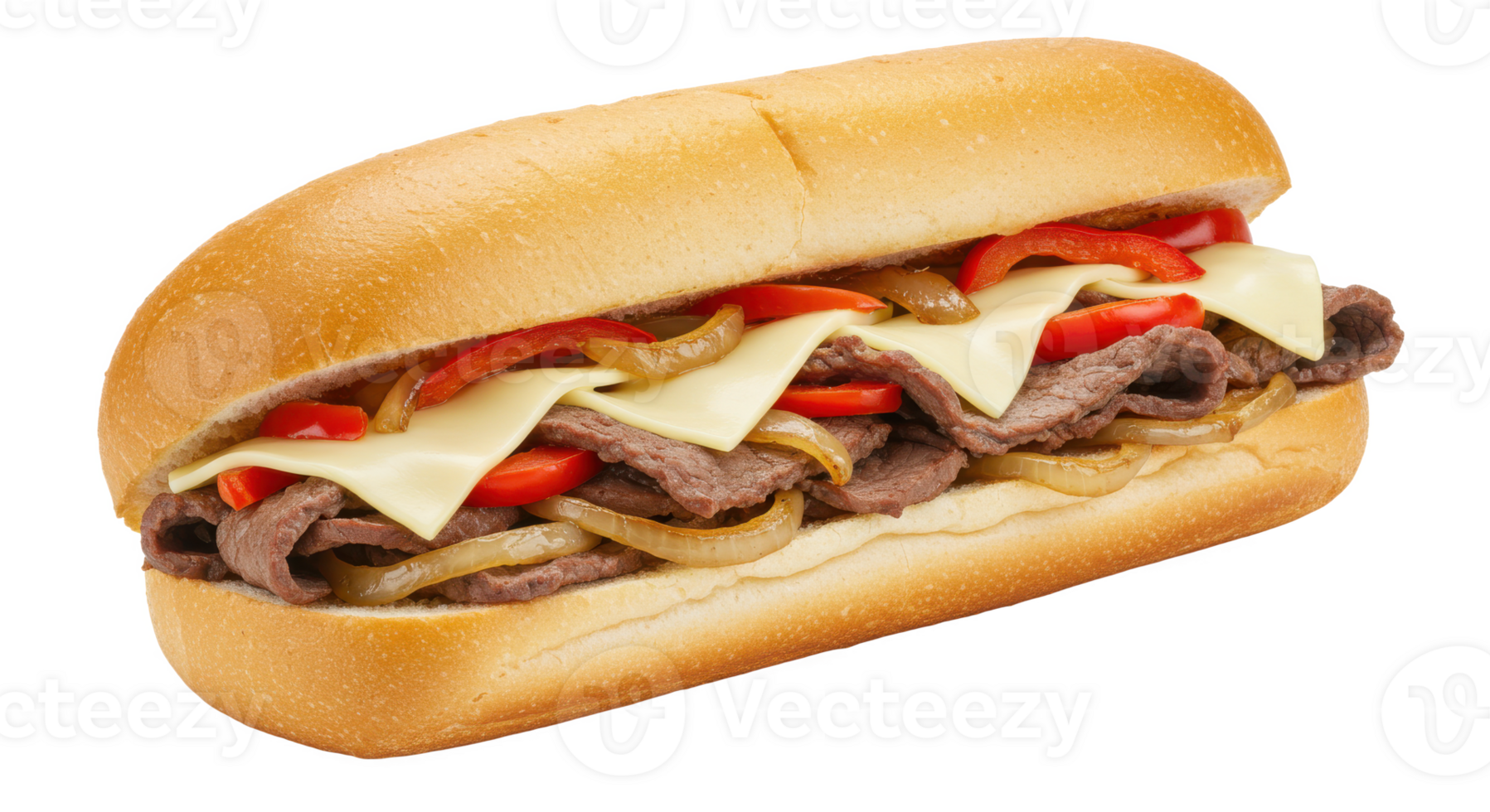 Close up of a philly cheesesteak sandwich with sliced beef cheese peppers and onions on a long roll png