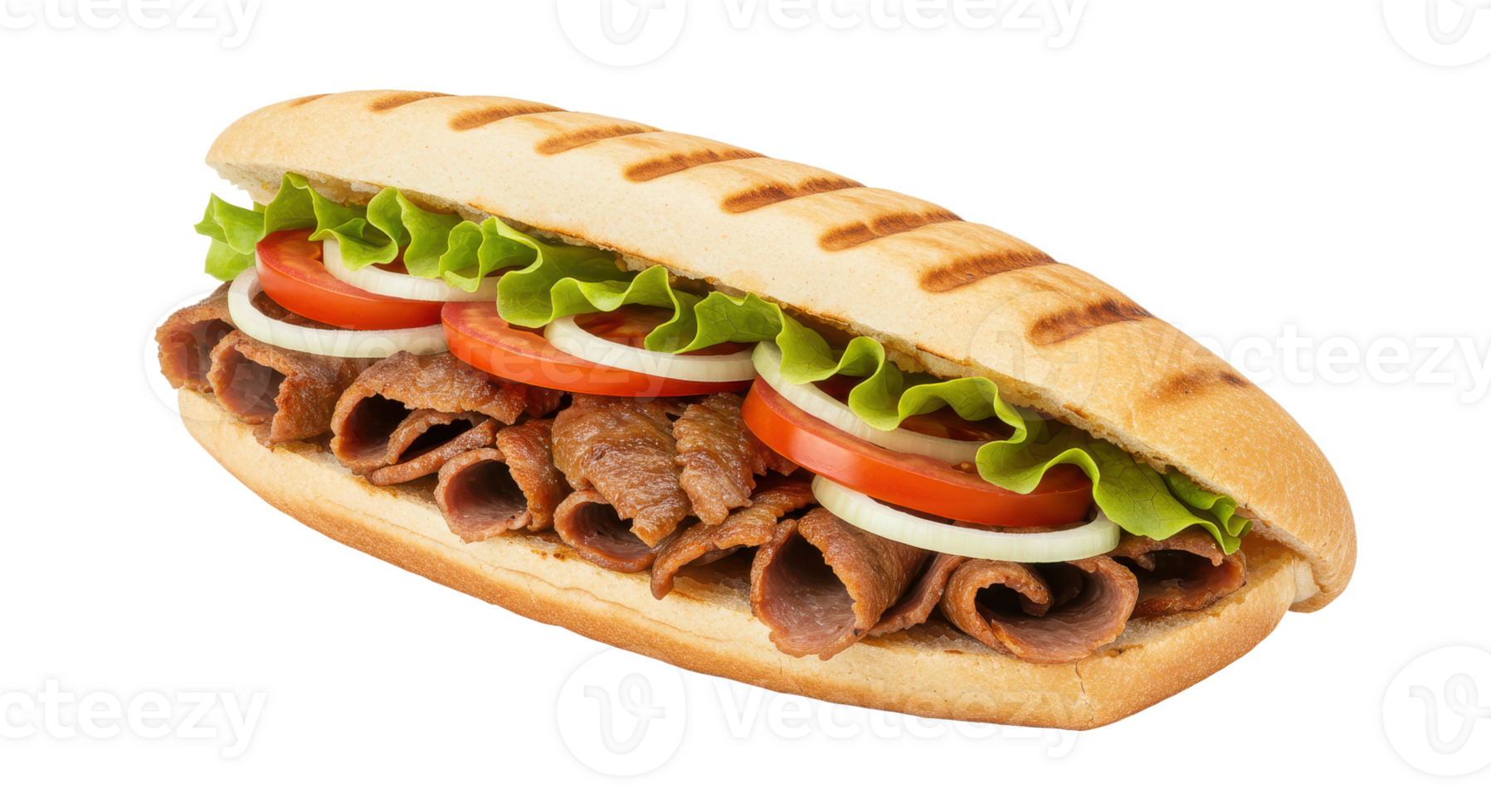 Close up of a doner kebab sandwich with lettuce tomato and onion rings on a baguette bun png