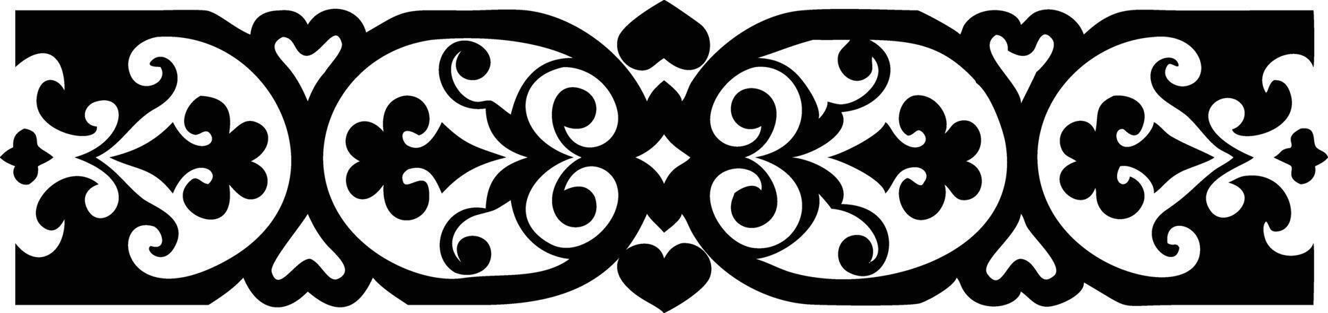 Ornate monochrome horizontal border element showcases repeating black scrolls and hearts across a white background vector