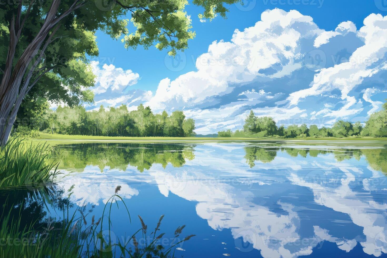 A Serene Lake Reflected in a Tranquil Sky photo
