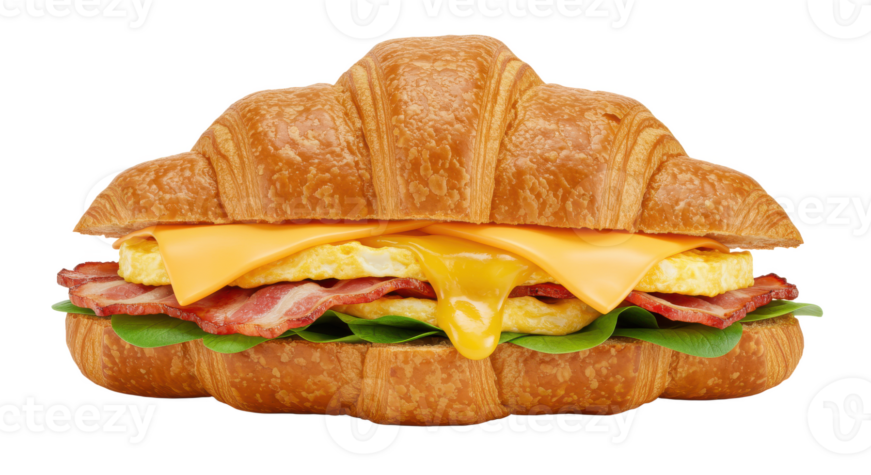 A close up shot of a croissant sandwich filled with bacon egg cheese and green leafy vegetables png