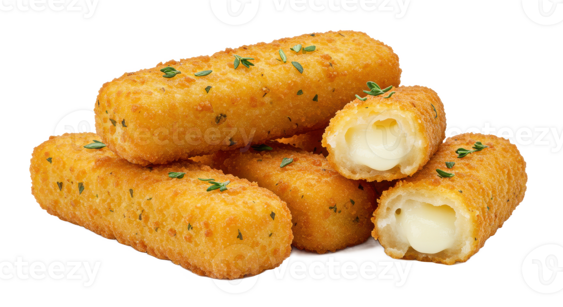 A close up shot of a stack of fried mozzarella sticks with one cut in half showing the cheese inside png