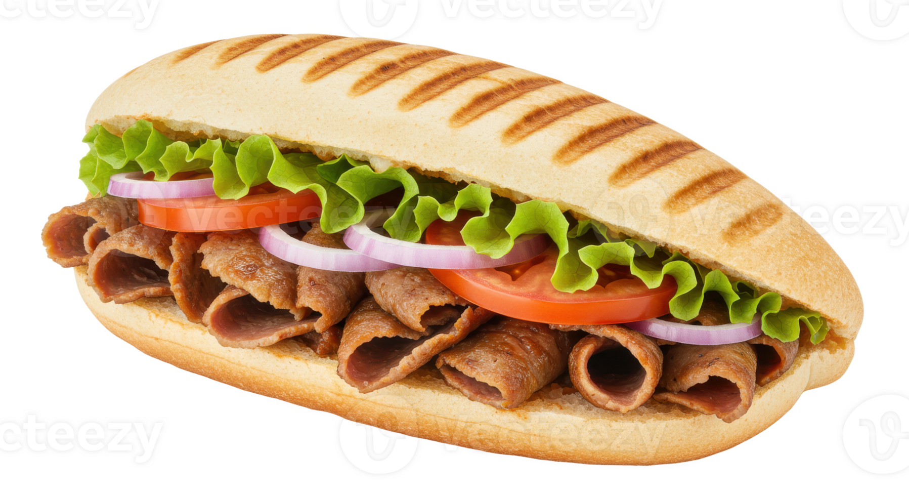 A close up of a kebab sandwich with lettuce tomato and onion in a grilled panini style bread roll png