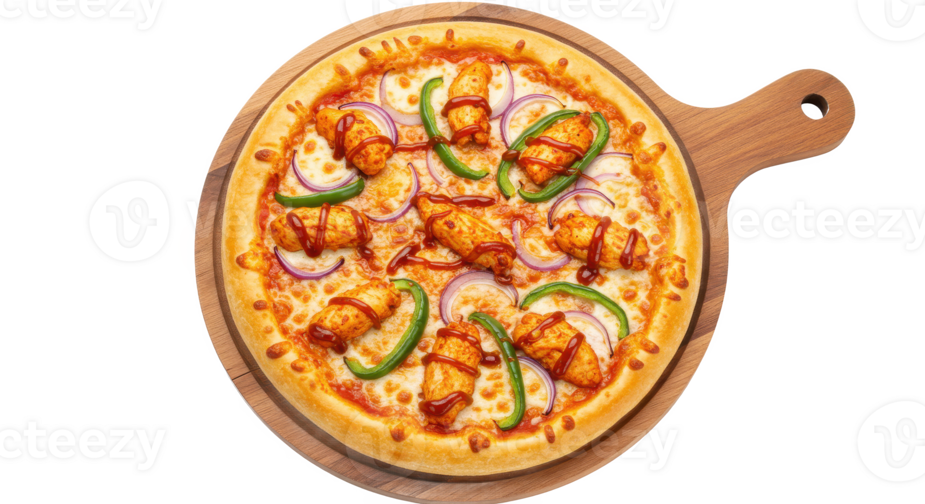 A delicious pizza with chicken toppings and vegetables on a wooden serving board close up shot png