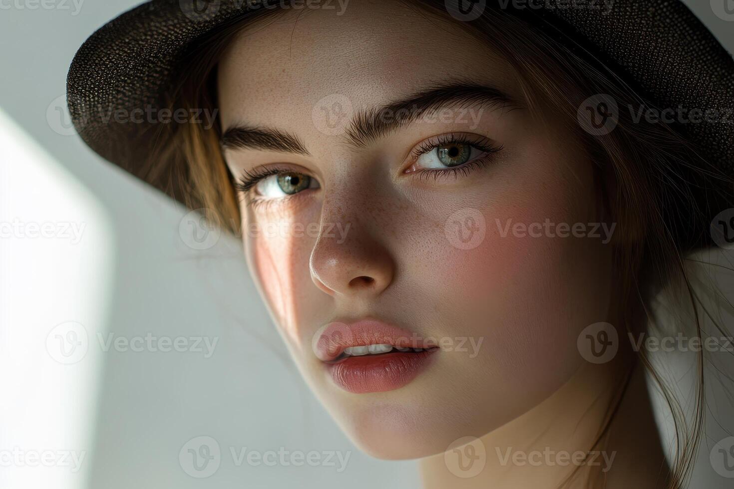 Close-up Portrait of a Young Woman with Freckles and a Black Hat photo