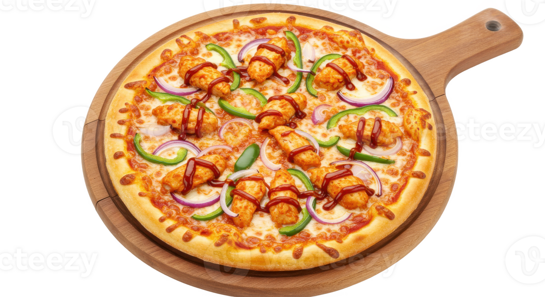A pizza with chicken tenders, onions, green peppers and sauce on a wooden pizza peel or serving board png