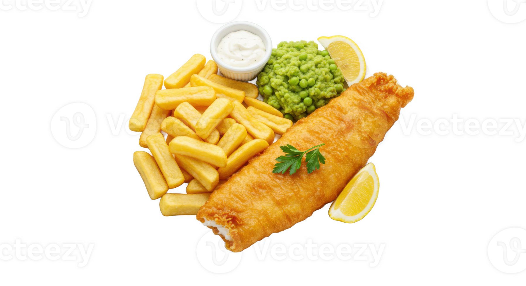 A plate of fish and chips with mushy peas png