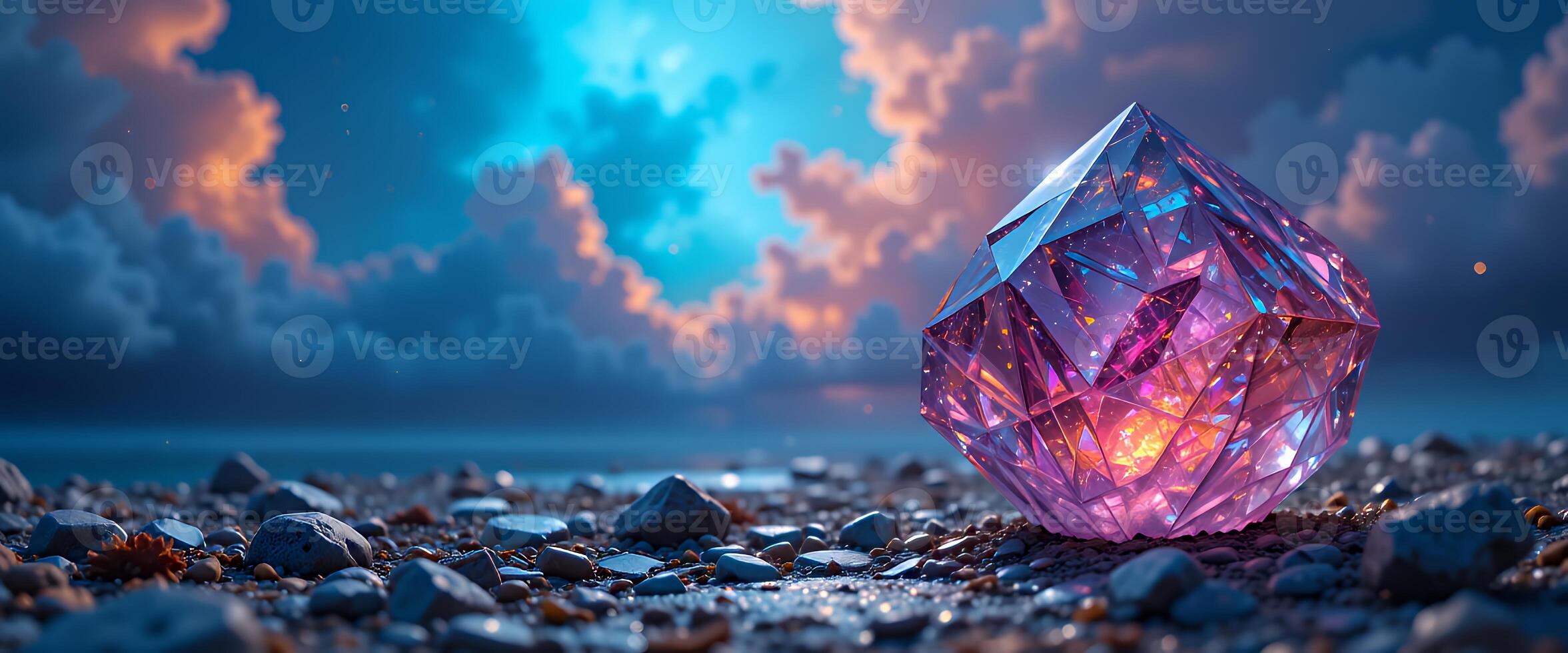 A purple crystal on the ground with a sky background photo