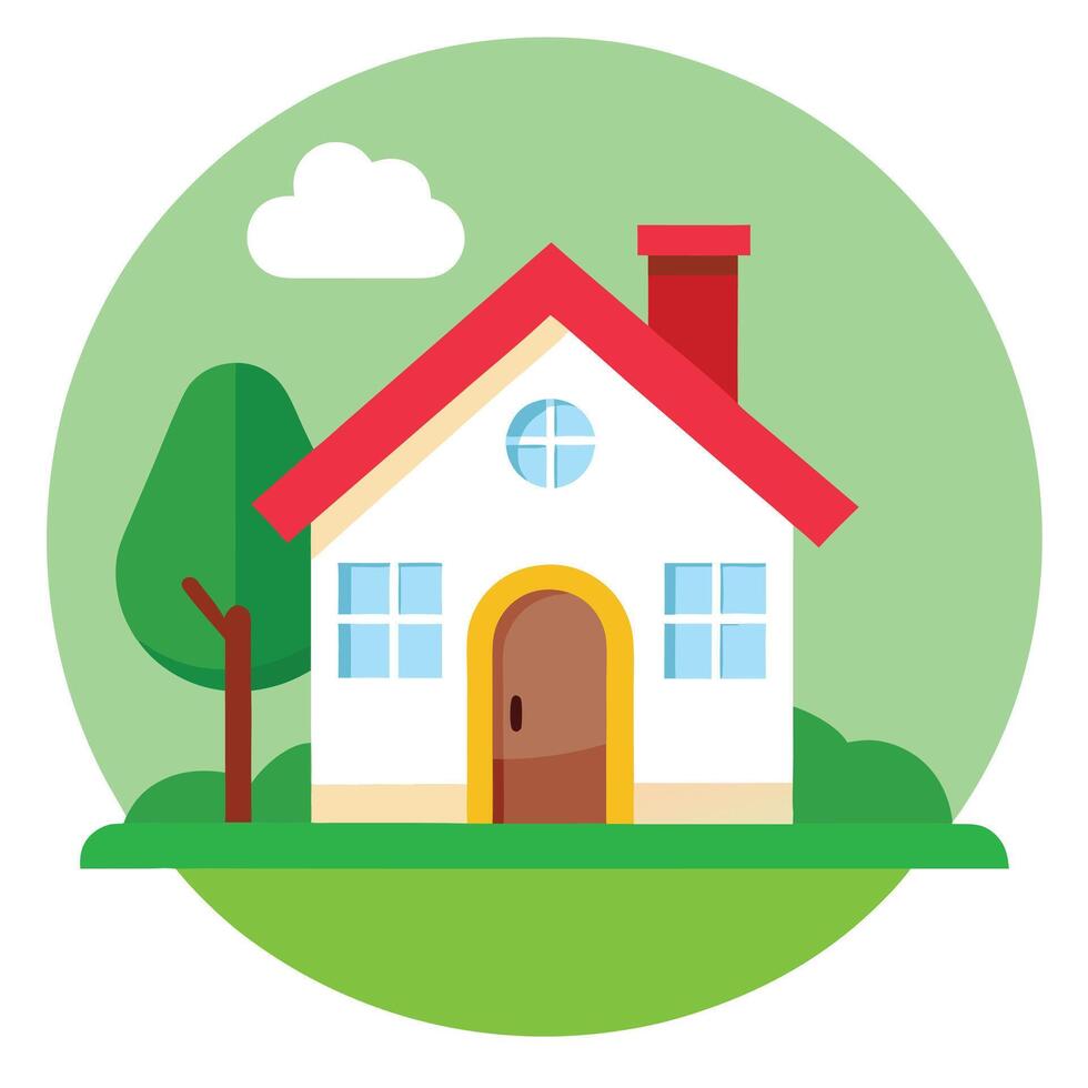 Cartoon Home With Red Roof, Tree, Cloud vector