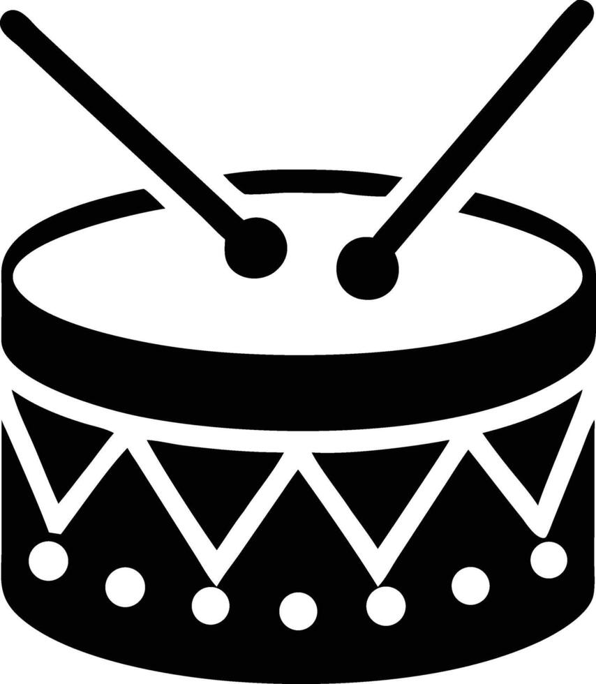 A minimalist black drum with drumsticks is presented in high contrast against white vector