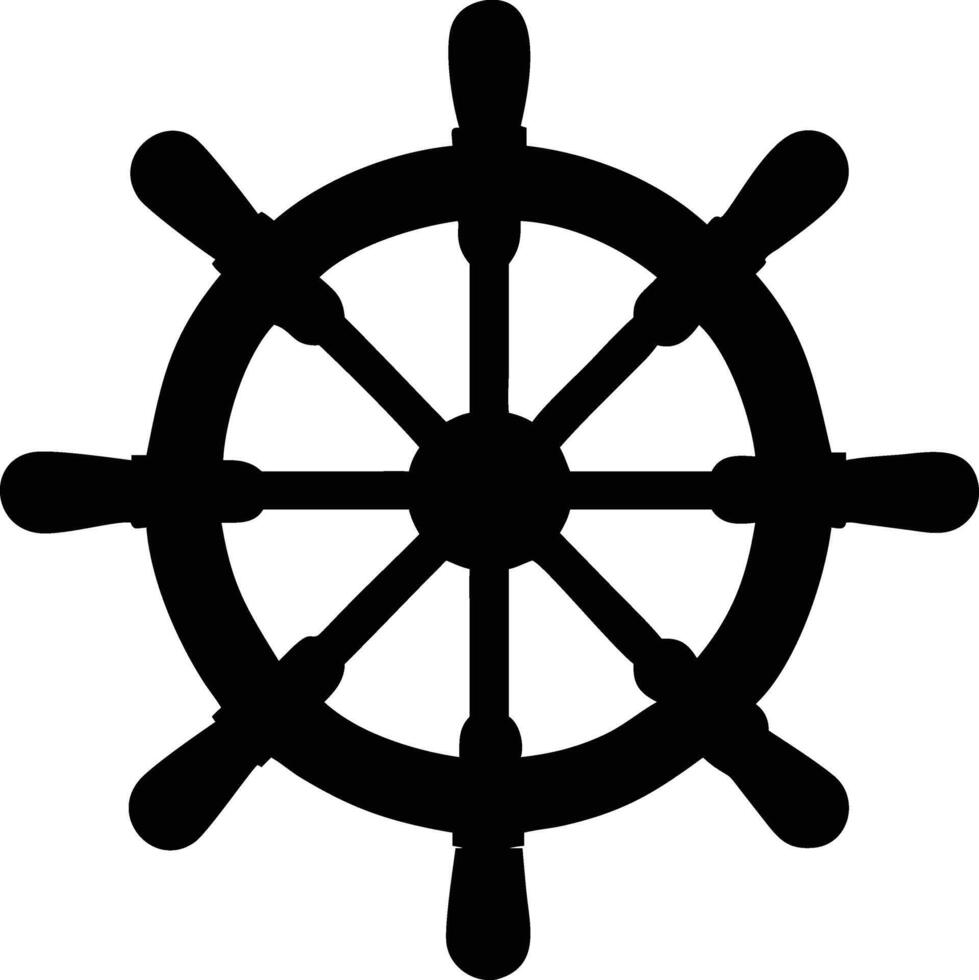 A black silhouette of a ship's steering wheel stands out against a plain white backdrop vector