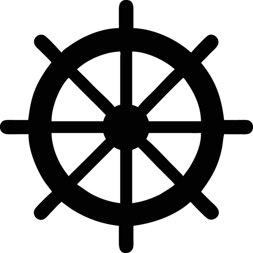 A black ship wheel with spokes rotates on a blank white background image vector