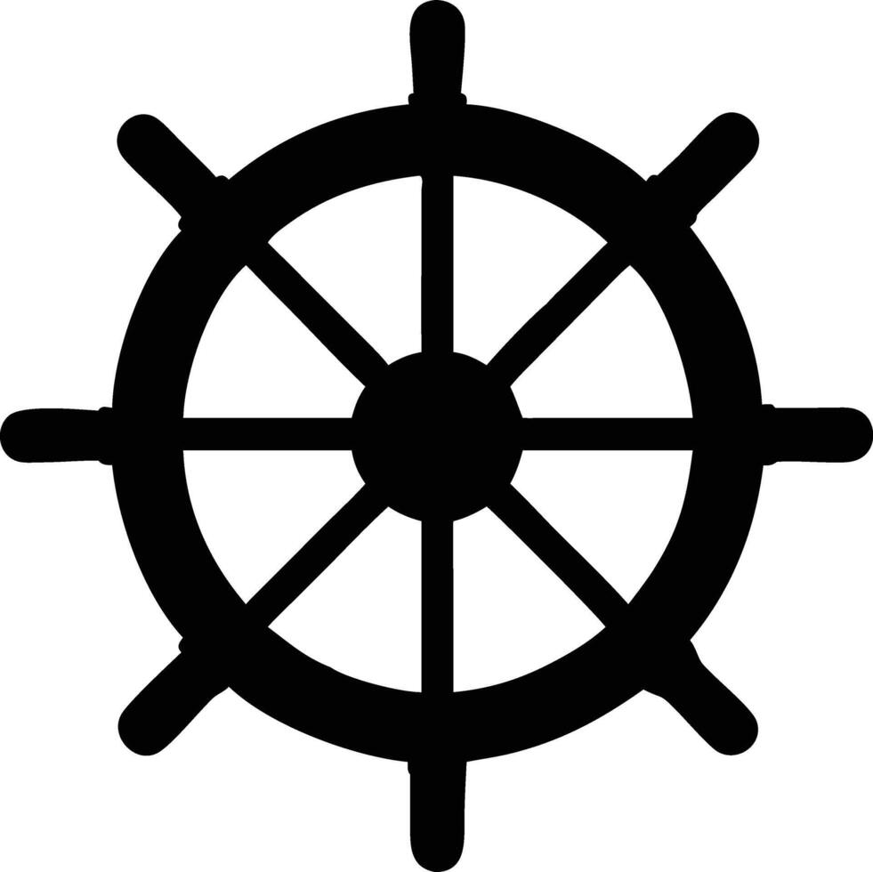 A simple ship wheel is shown in full black color vector