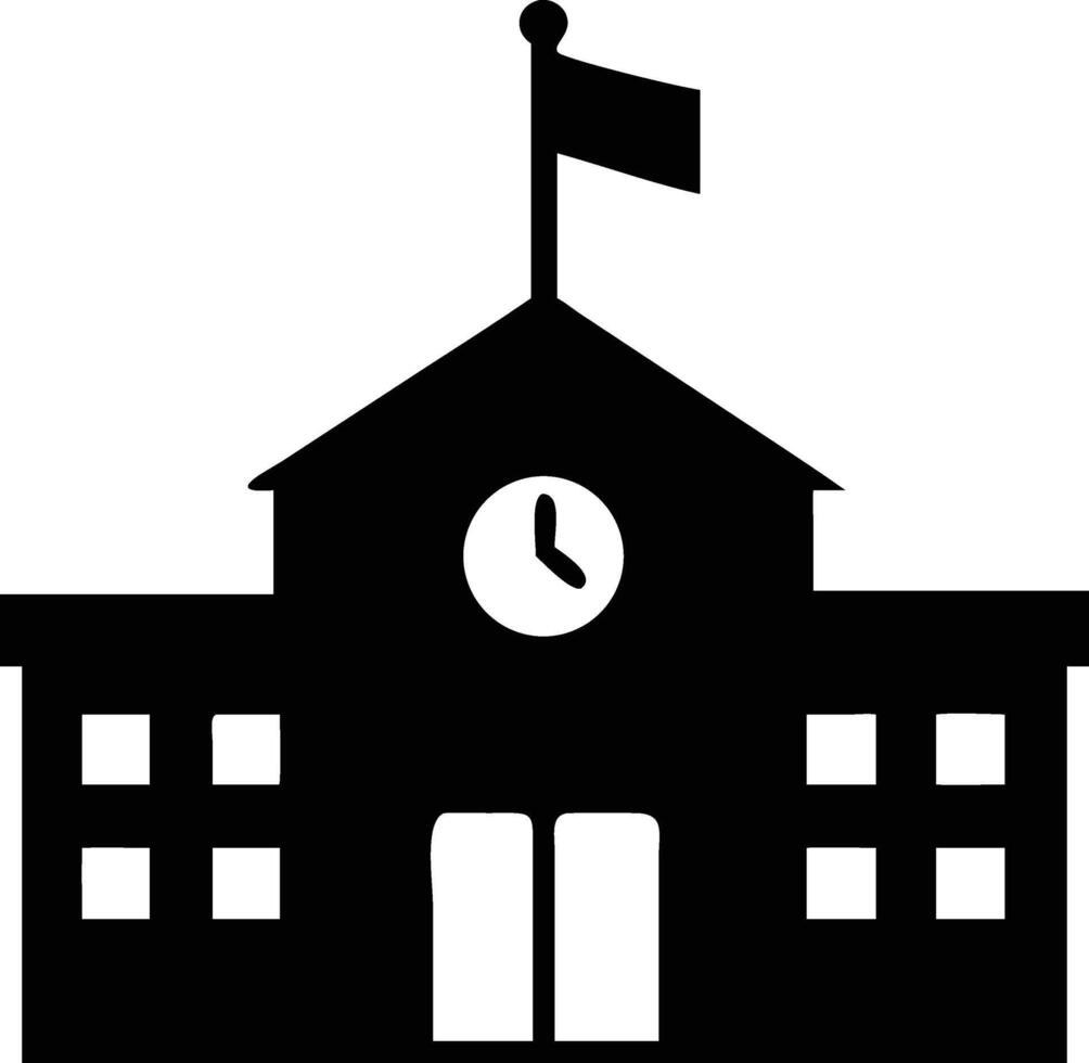 A solid black silhouette depicts a classic school building with a flag and clock vector