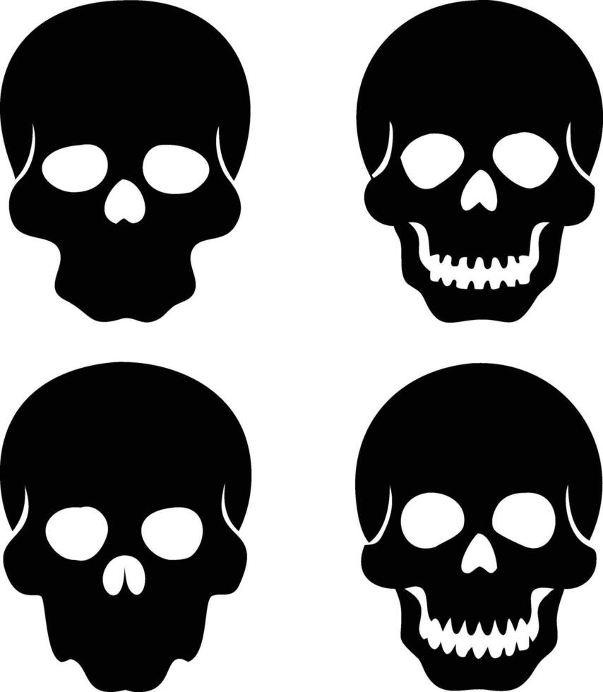 Four black silhouette skulls showcase death and mortality on a white background vector