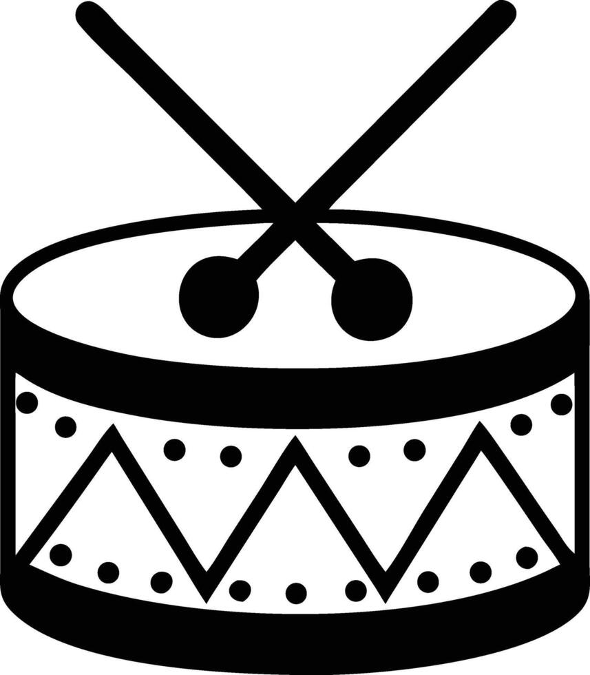 Black outline shows a drum with two drumsticks behind it on white vector