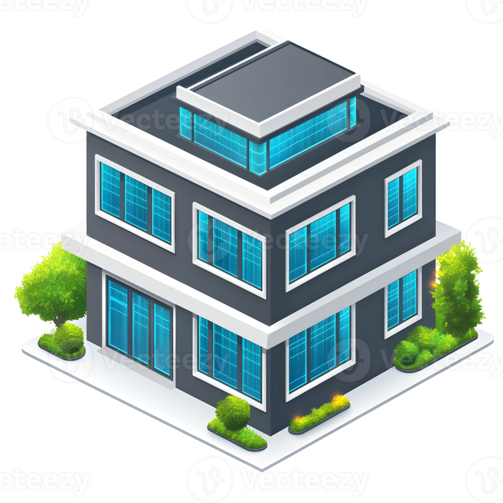 Isometric Modern Gray Building With Blue Windows And Green Landscaping png