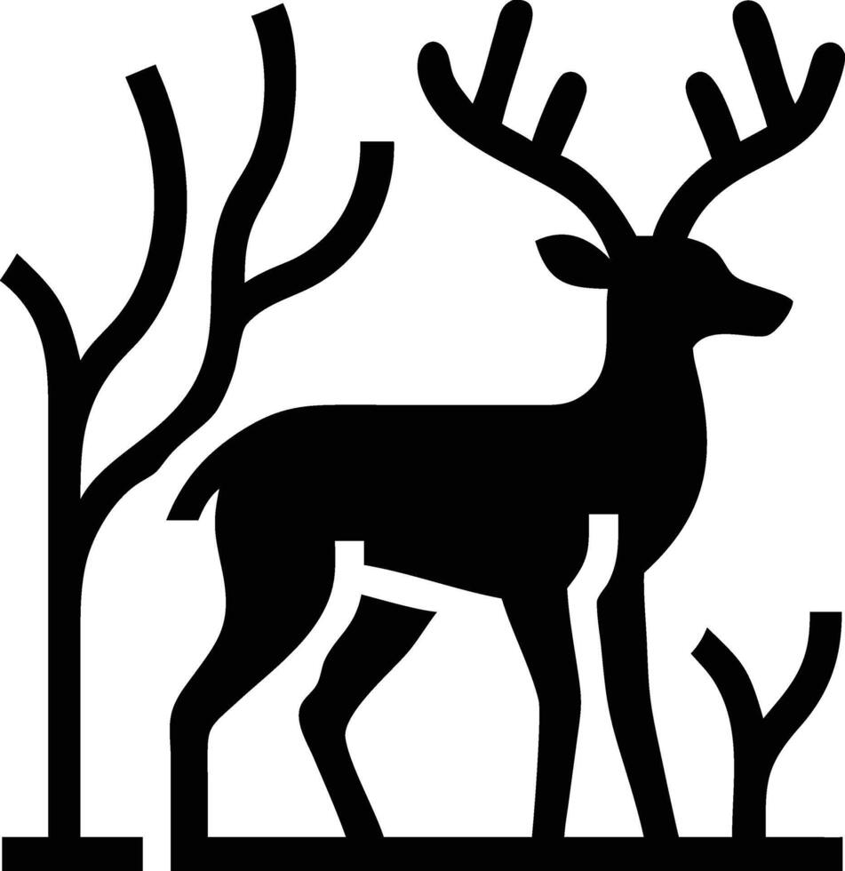 Stag silhouette with large antlers stands near trees in minimalist black style vector