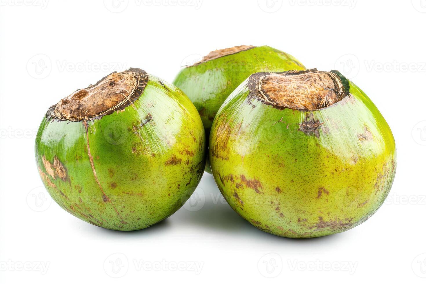 Delicious coconuts with rough brown shells and white flesh, ideal for tropical food themes and natural ingredient visuals, isolated on white background photo