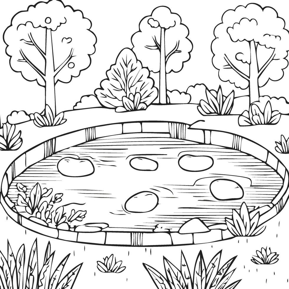 trees and pond black and white illustration vector