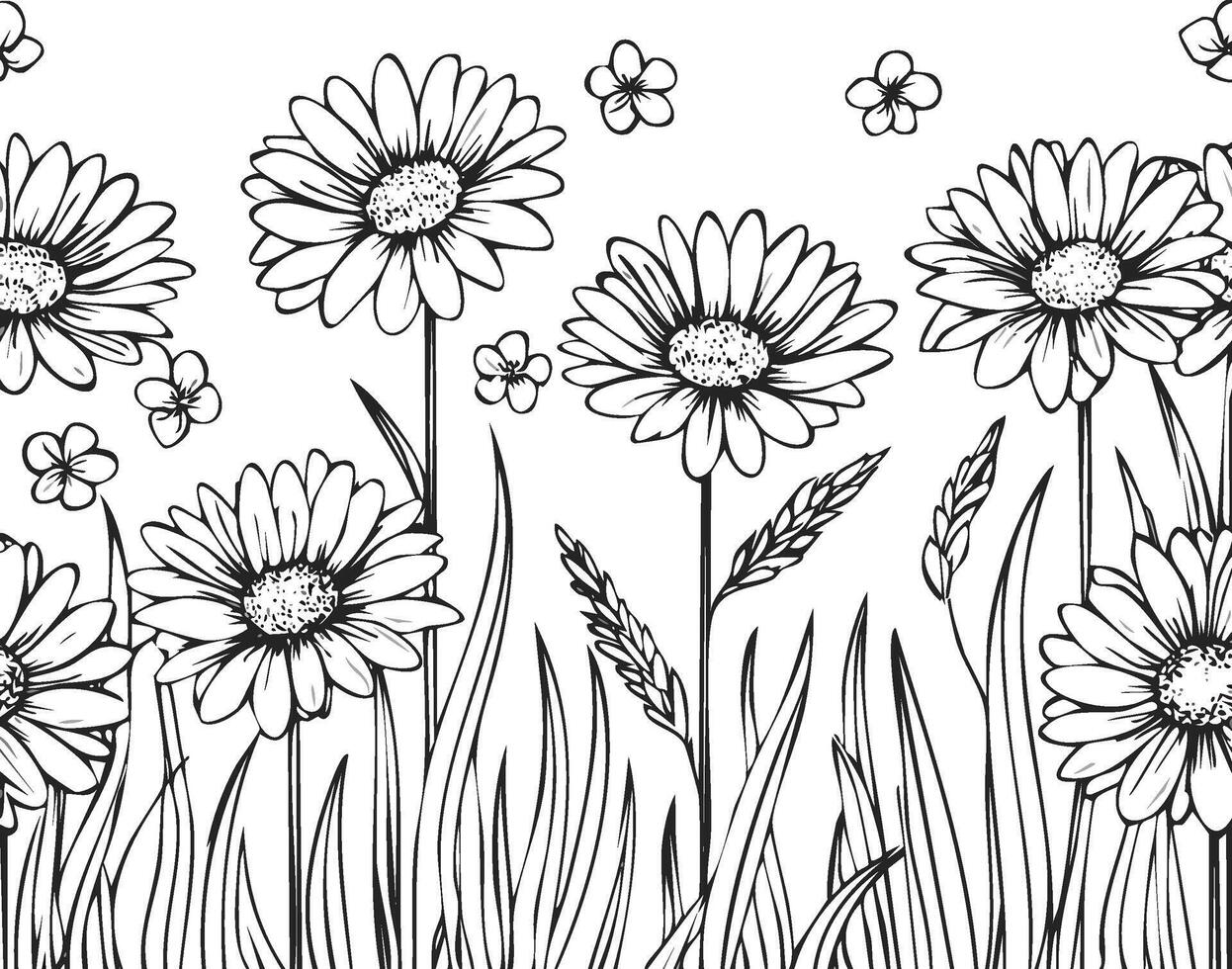 black and white daisies and grass seamless pattern vector