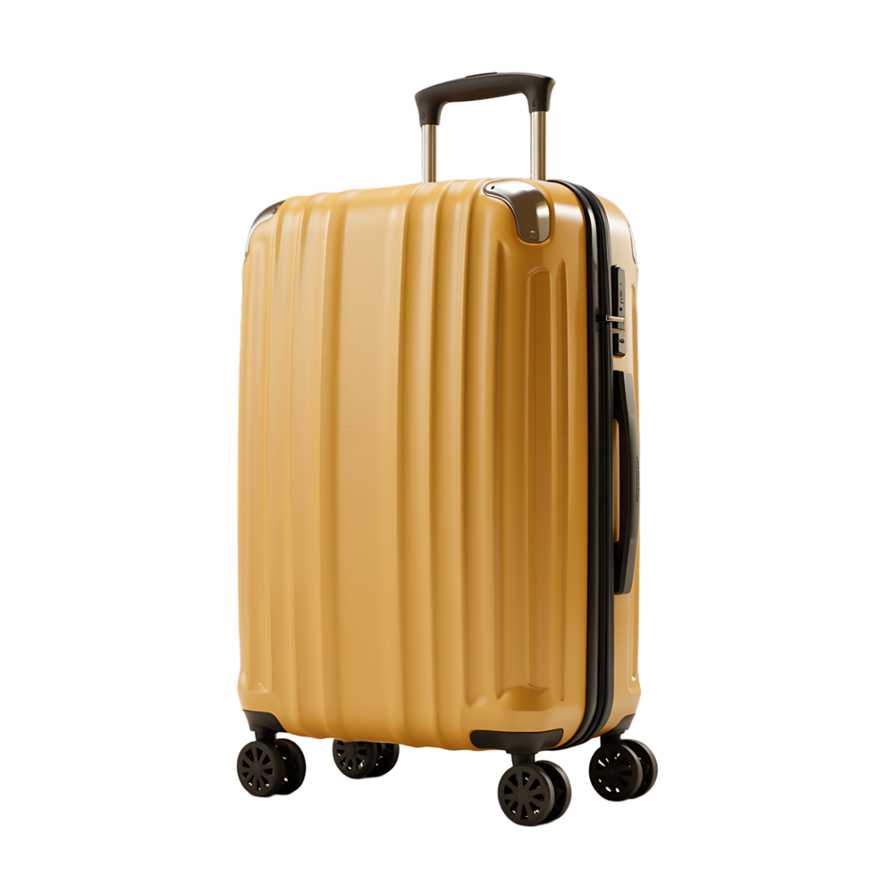 A vibrant mustard yellow hard-shell rolling suitcase is showcased against a transparent background. png
