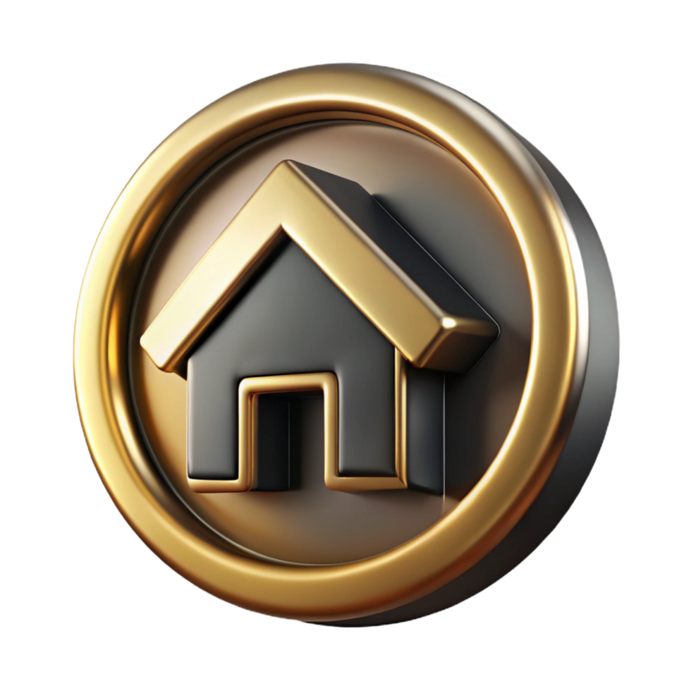 This is a 3d illustration of a glossy round metal internet button with a house icon symbol for a website homepage png