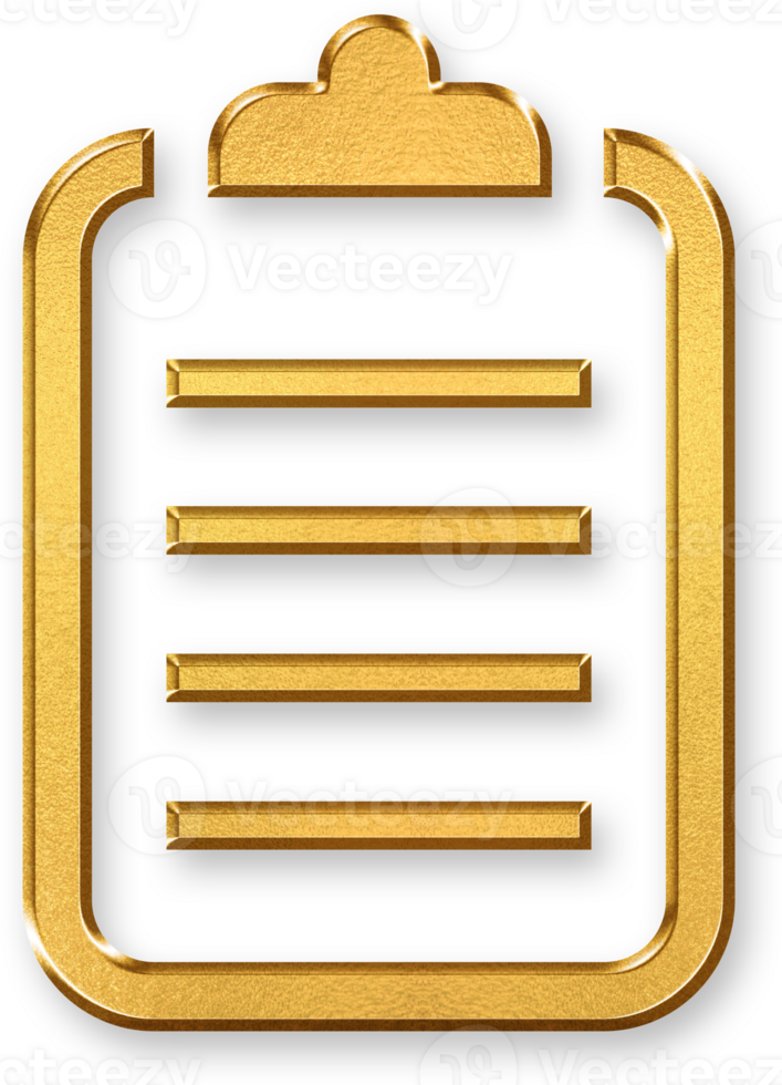 Gold Clipboard Icon 3D Glossy Golden Clipboard Symbol with Metallic Shine and Shadowed Effect for Notes, Tasks, Documents, and Productivity Design Elements png