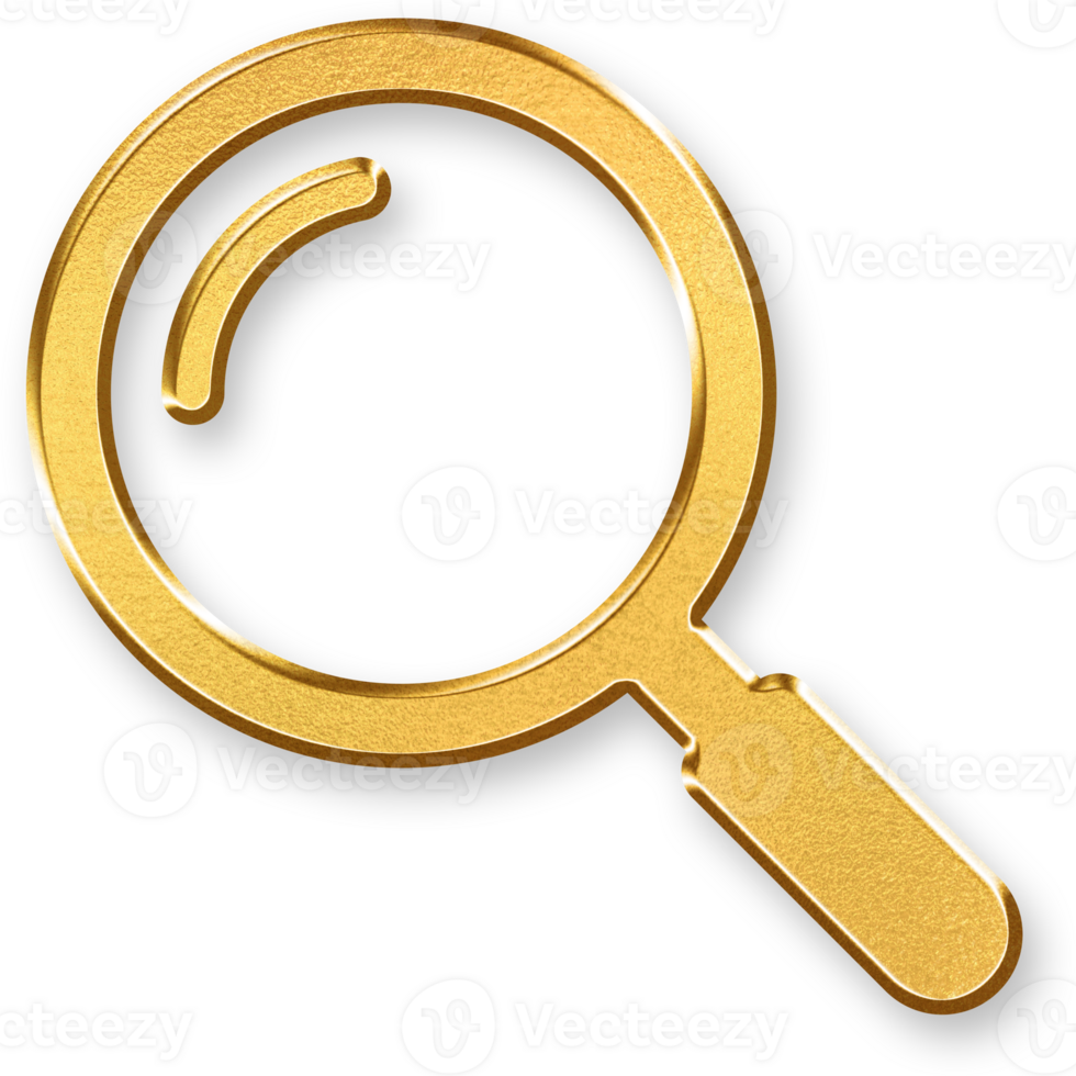 Gold Search Icon 3D Glossy Magnifying Glass Symbol with Metallic Gold Effect and Shadowed Style for Navigation, Discovery Tools, and Digital Interaction Design png