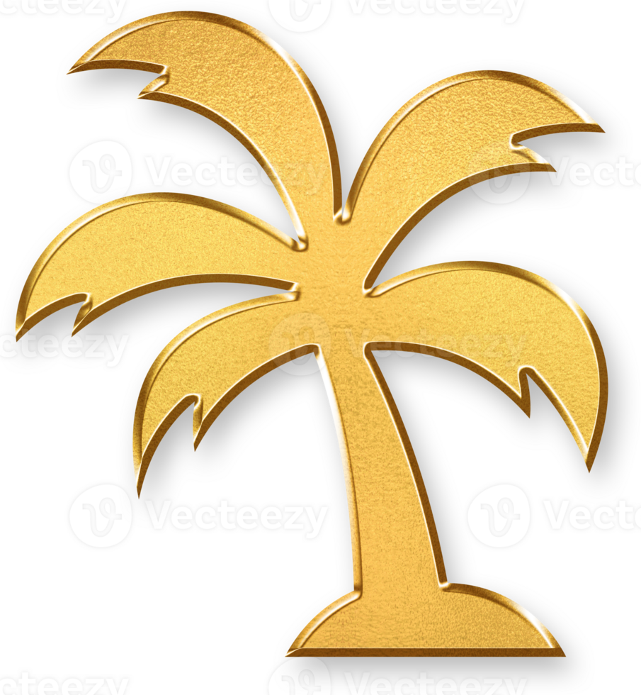 Gold Palm Tree Icon 3D Glossy Golden Tropical Tree Symbol with Metallic Shine and Shadowed Effect for Vacation, Summer, Island Getaways, and Exotic Destination Themes png