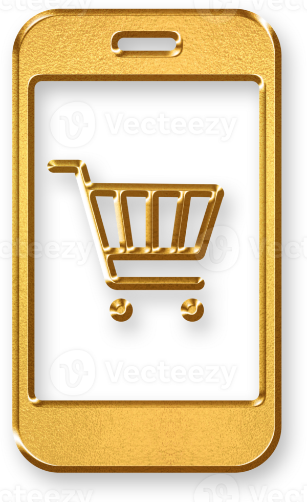 Gold Mobile Shopping Icon 3D Glossy Golden Smartphone with Cart Symbol and Metallic Shine for Online Purchases, E commerce Apps, and Digital Transactions png