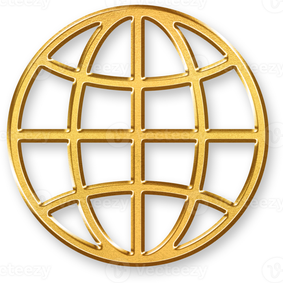 Gold Globe Icon World Icon WWW 3D Metallic Golden Earth Symbol with Glossy Shine and Shadowed Style for Internet, Global Access, and Worldwide Web Related Projects png