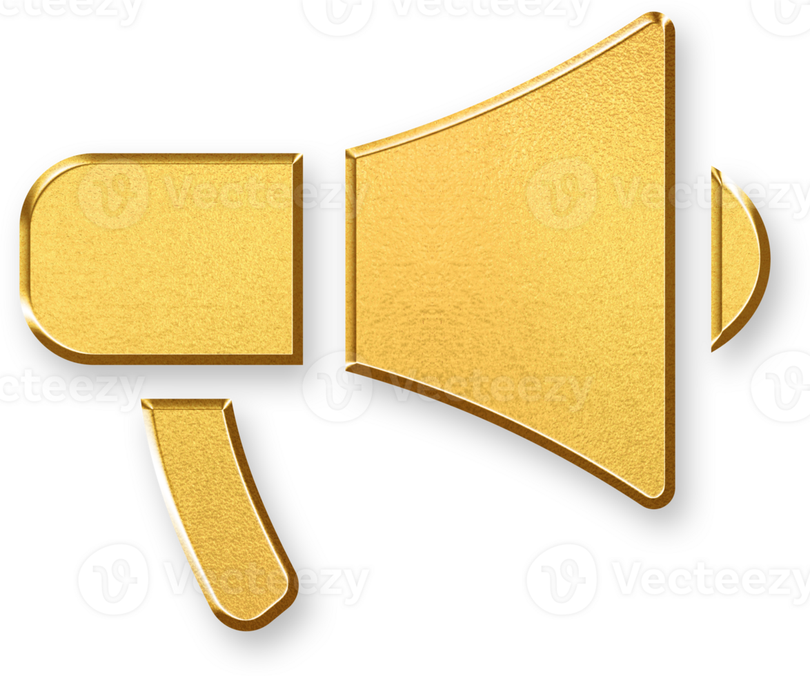 Gold Megaphone Icon 3D Glossy Golden Loudspeaker Symbol with Metallic Shine and Shadowed Style for Announcements, Marketing, and Public Voice png