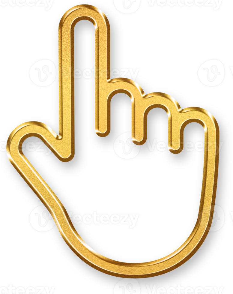 Gold Click Icon with Hand Cursor Icon 3D Golden Hand Pointer Symbol with Glossy Effect and Metallic Shadow for Online Interaction, Digital Button Press, and Click Based Navigation png