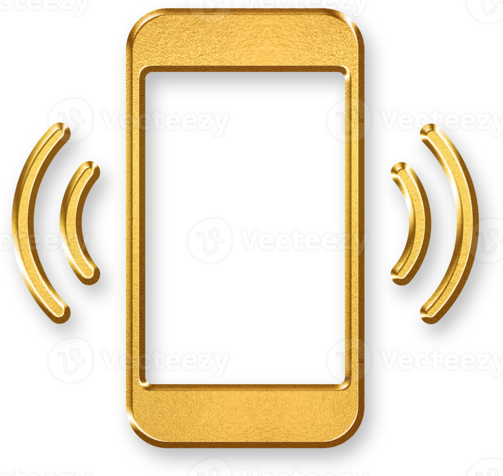 Gold Phone Vibrate Icon 3D Golden Ringtone and Vibration Symbol with Metallic Shine and Glossy Shadowed Effect for Mobile Alerts, Incoming Calls, and Notification Features png