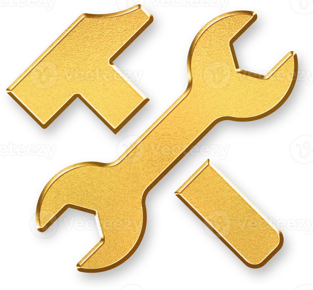 Gold Tools Icon 3D Glossy Golden Wrench and Gear Symbol with Metallic Shine and Shadowed Effect for Settings, Repair, Maintenance, and Engineering Projects png