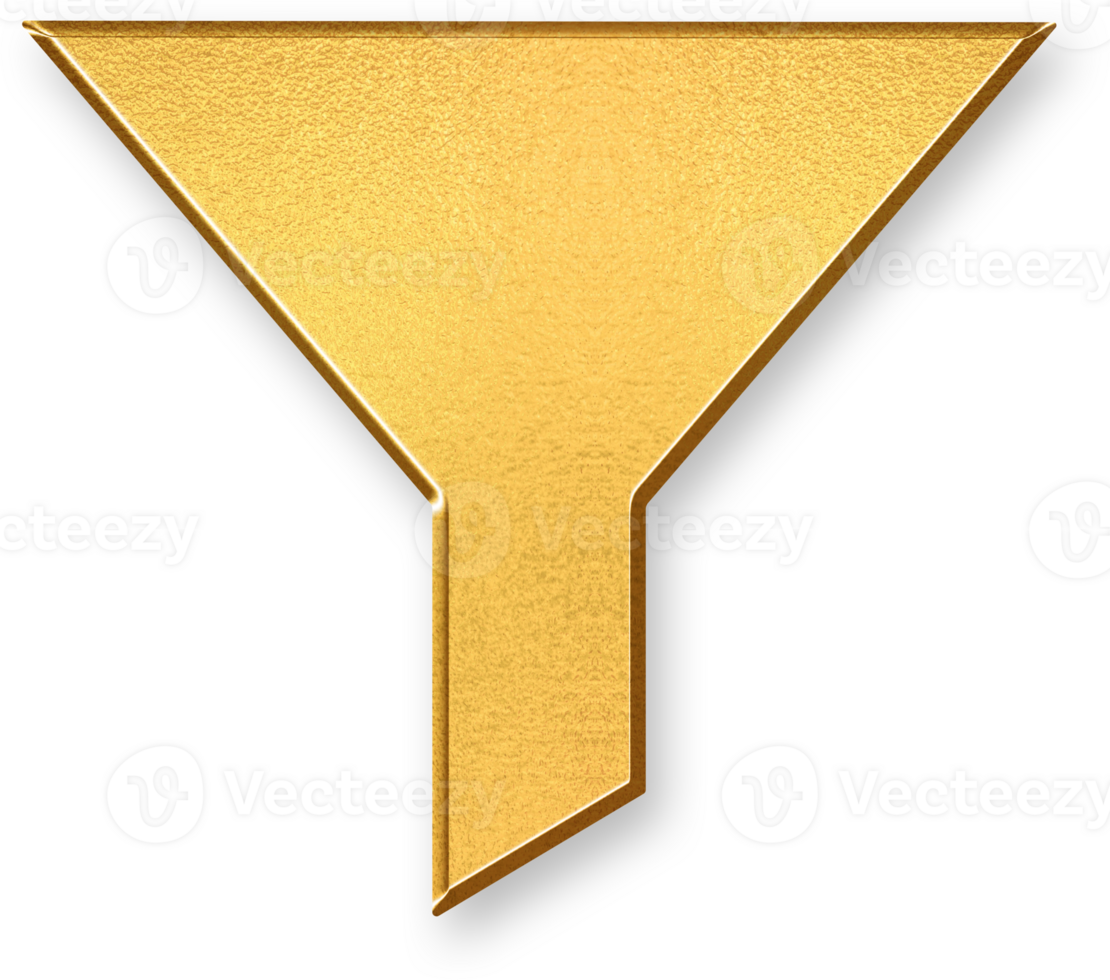 Gold Filter Icon 3D Glossy Golden Funnel Symbol with Metallic Shine and Shadowed Effect for Sorting, Data Refinement, and Customized Display Settings png