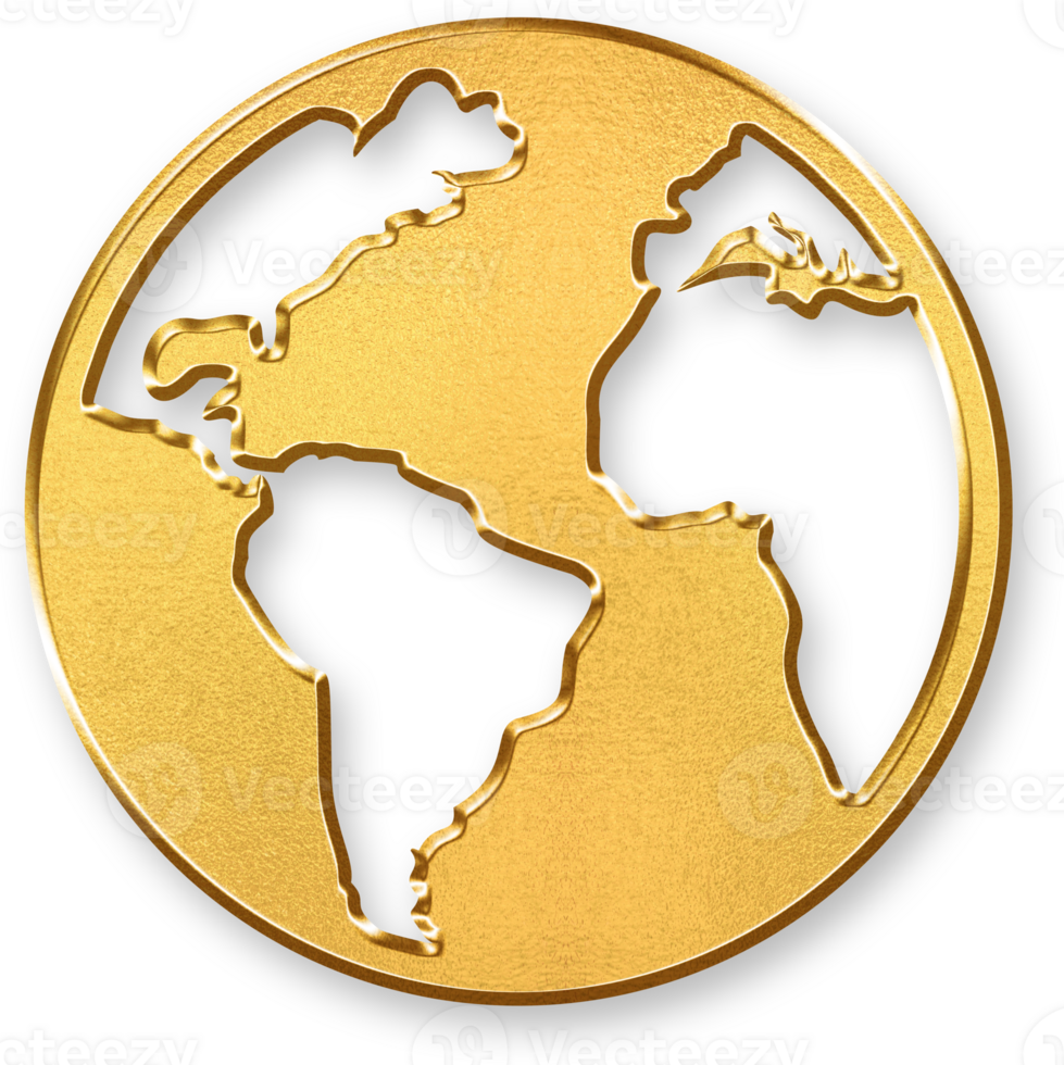 Gold Earth Icon 3D Glossy Golden Planet Symbol with Metallic Shine and Shadowed Effect for Global Environment, Geography, Ecology, and Worldwide Representation png