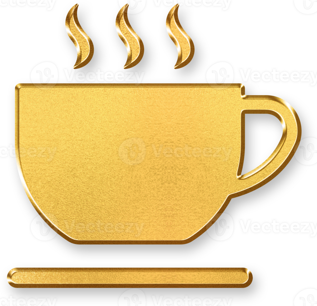 Gold Coffee Cup Icon 3D Glossy Golden Mug Symbol with Metallic Shine and Shadowed Effect for Cafe, Beverage, Breakfast, and Hot Drink Related Design Concepts png