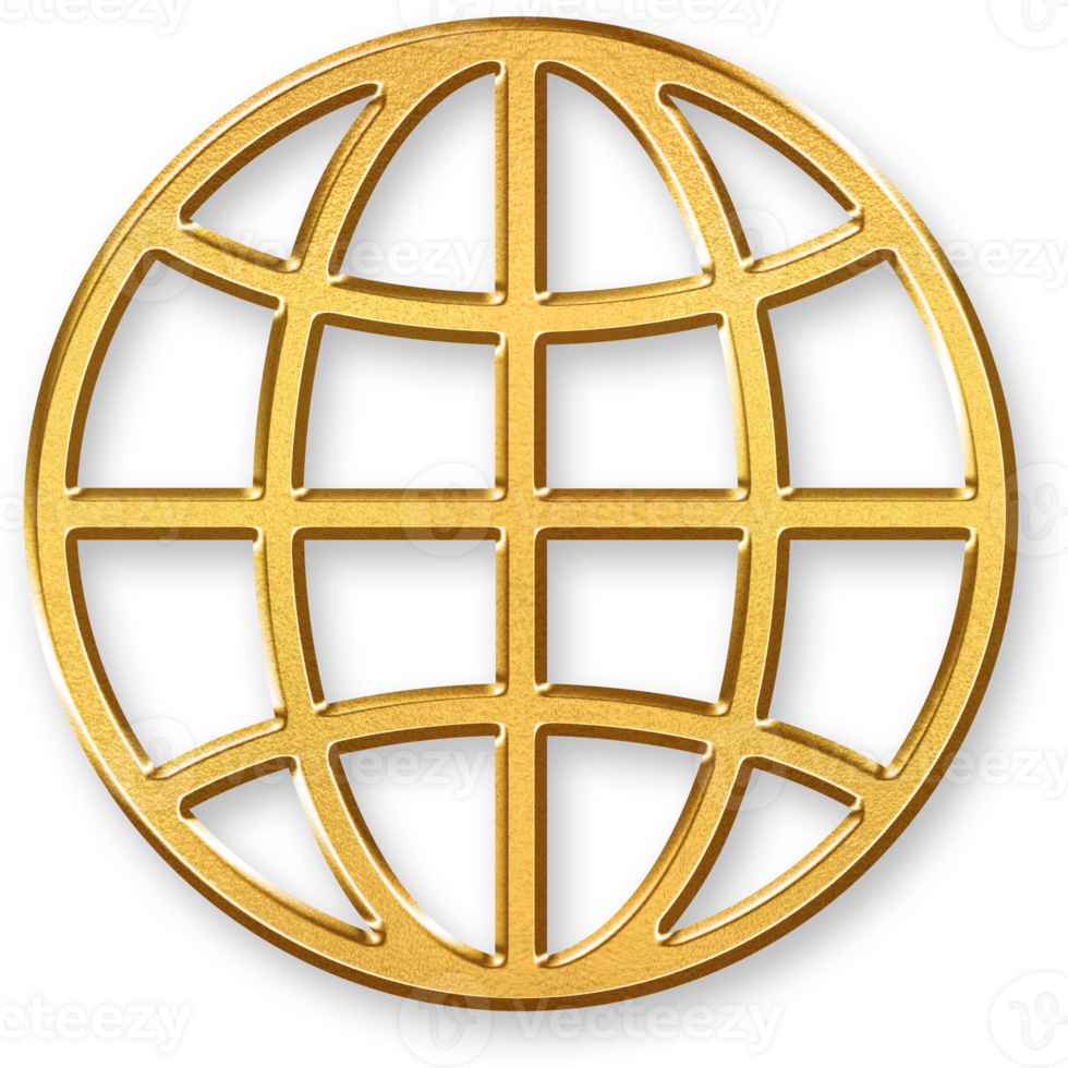 Gold Globe Icon 3D Glossy Golden Earth Symbol with Metallic Shine and Shadowed Style for Worldwide Connection, International Access, and Global Internet Features png