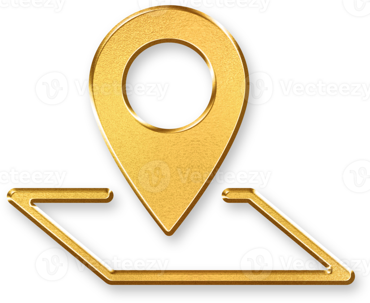 Gold Location Pin Icon 3D Glossy Golden Map Marker Symbol with Metallic Shine and Shadowed Style for Geolocation, Navigation, Travel, and Direction Based Digital Designs png