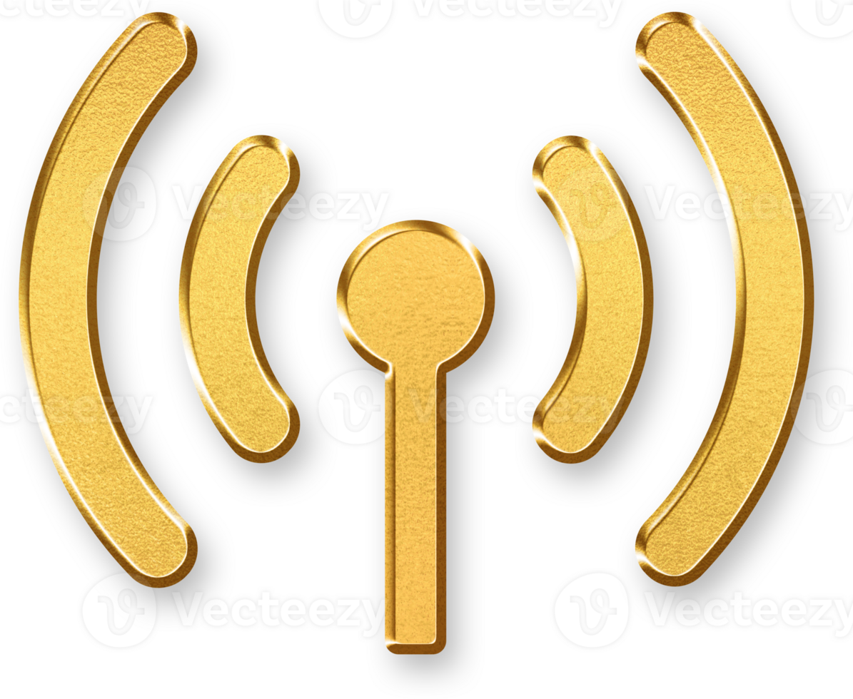 Gold Wireless Icon 3D Glossy Golden Wi Fi Signal Symbol with Metallic Shine and Shadowed Style for Connectivity, Internet, and Communication Design Concepts png