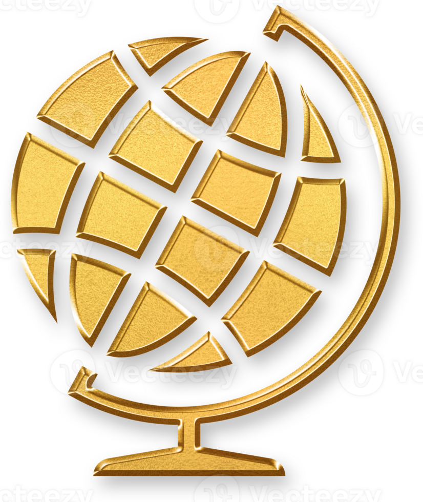 Gold Globe with Stand Icon 3D Glossy Golden Decorative Earth Symbol on Stand with Metallic Shine for Travel, Geography, Education, and Cultural Exploration Designs png