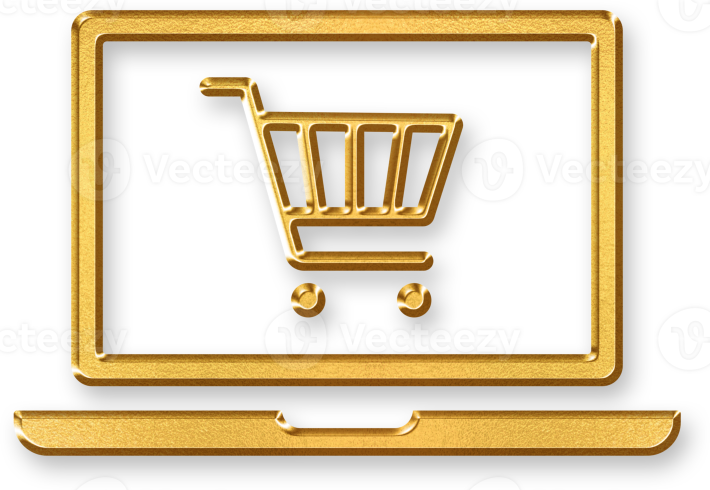 Gold Laptop Shopping Icon 3D Glossy Golden Laptop with Cart Symbol and Metallic Shine for E commerce, Online Purchases, and Digital Retail Applications png