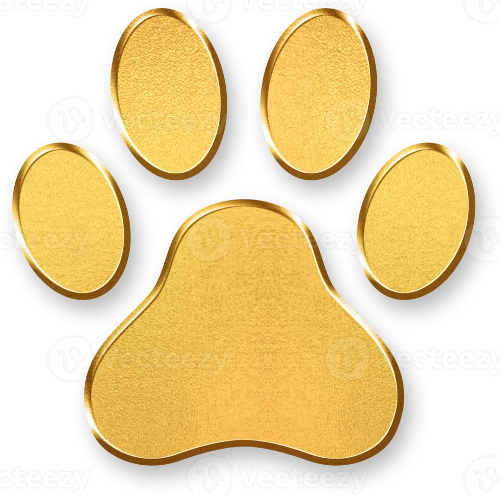 Gold Paw Print Icon 3D Glossy Golden Animal Footprint Symbol with Metallic Shine and Shadowed Style for Pets, Veterinary Services, Wildlife, and Animal Care Designs png