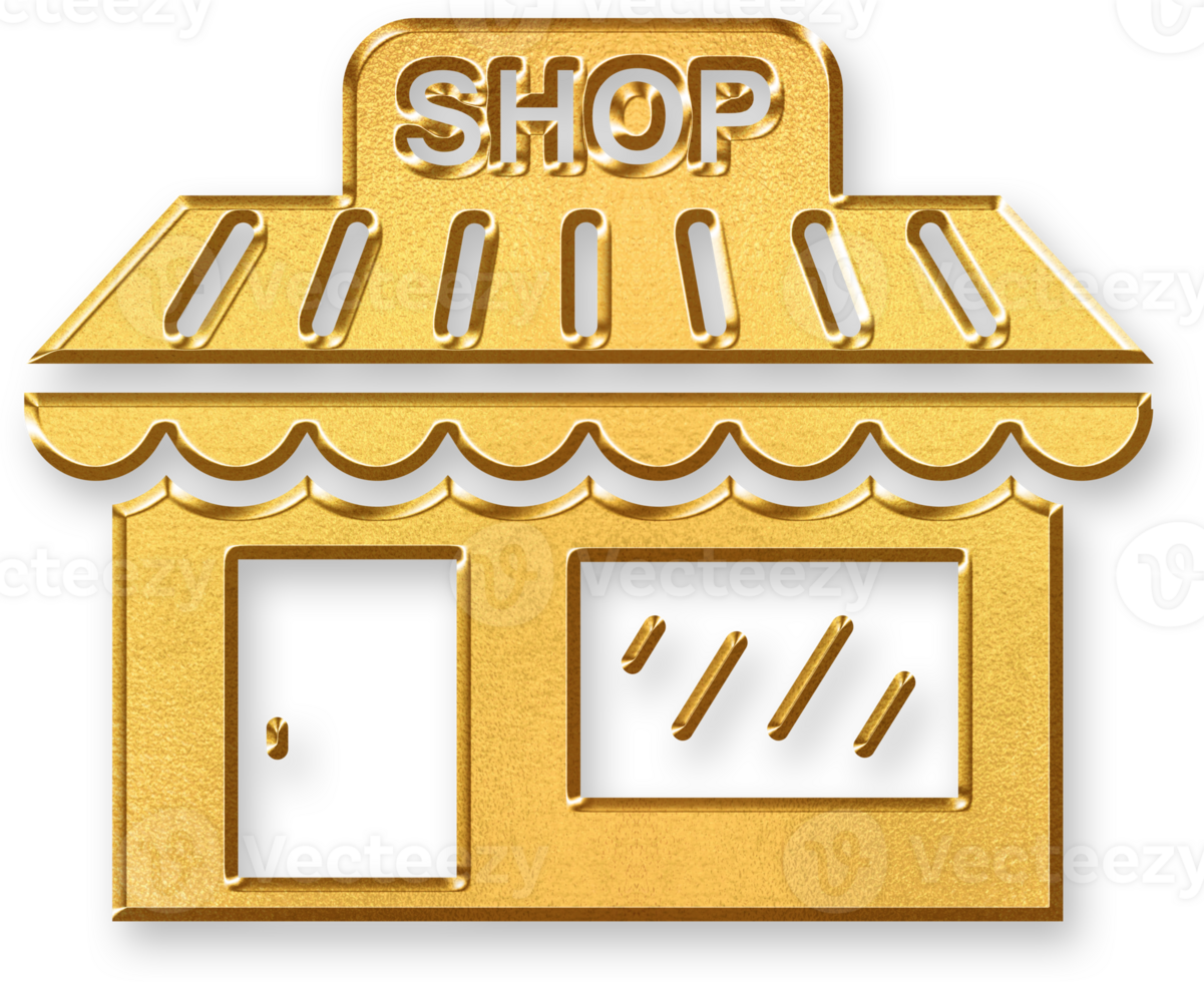 Gold Shop Icon 3D Glossy Golden Storefront Symbol with Metallic Shine and Shadowed Style for Retail Business, E commerce Branding, and Local Commercial Services png
