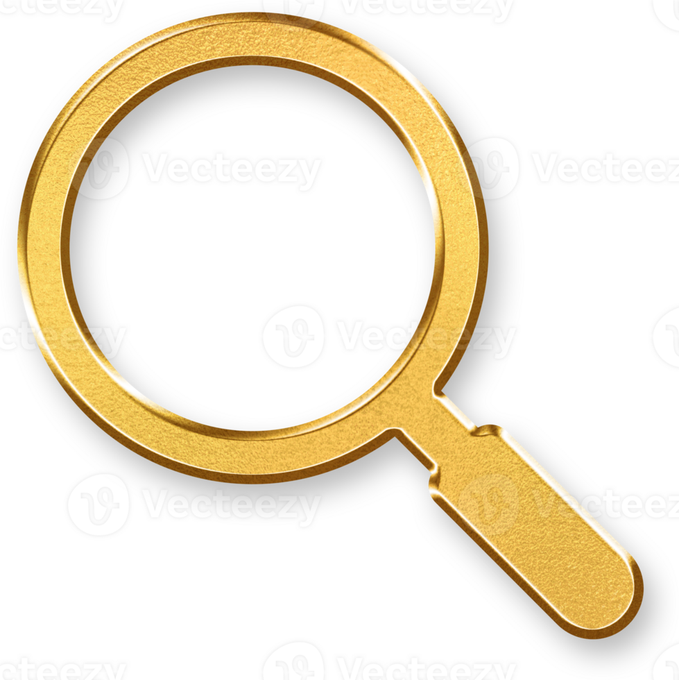 Gold Magnifying Glass Icon 3D Glossy Gold Search Symbol with Metallic Shine and Shadowed Effect for Exploration, Discovery, and Web Lookup Functions png