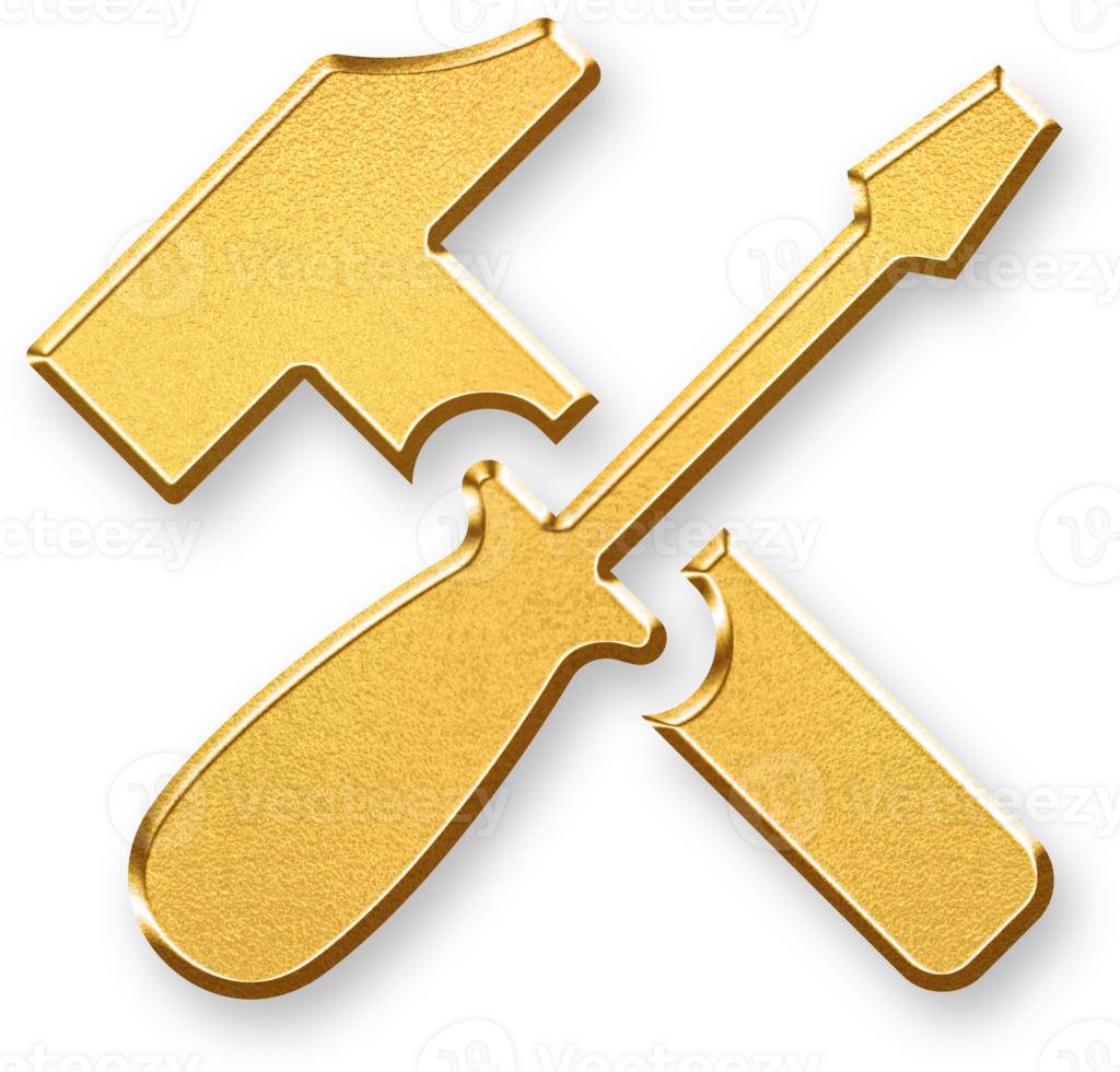 Gold Hammer and Screwdriver Icon 3D Glossy Golden Tools Cross Symbol with Metallic Shine and Shadowed Effect for Settings, Maintenance, and Construction Themes png