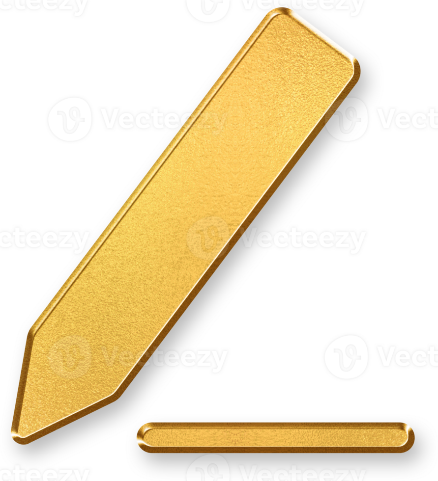 Gold Pencil Icon 3D Golden Writing Tool Symbol with Glossy Metallic Shine and Shadowed Style for Edit, Note Taking, Creativity, and Drawing Applications png