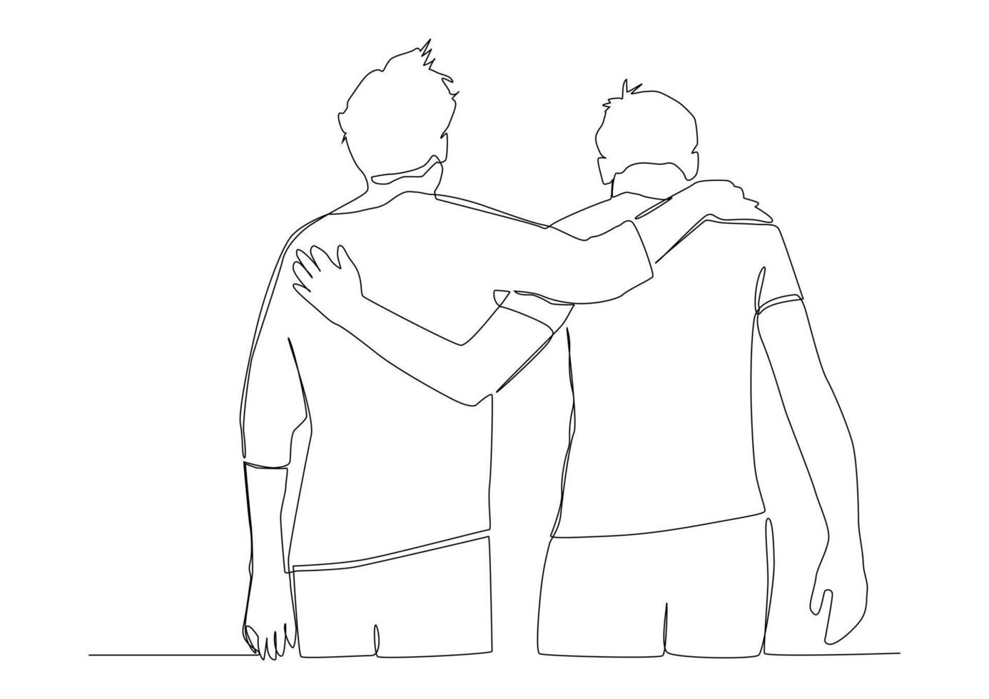 Continuous one line art of two friends walking hugging their shoulders, concept of going away or walking together with best friend. vector